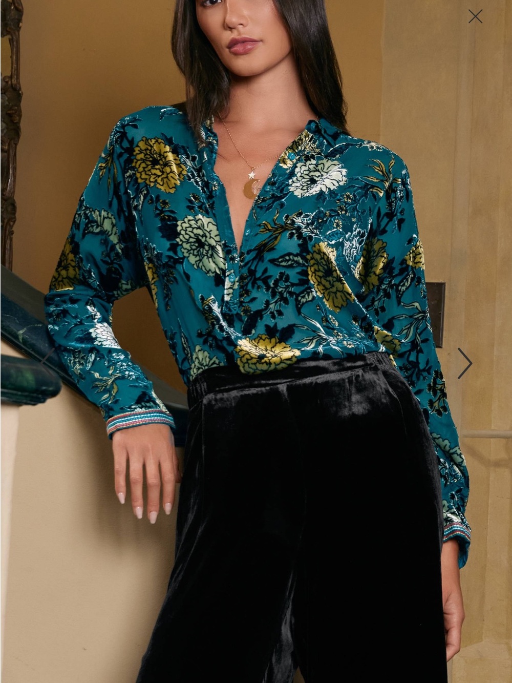 Johnny Was Cadeki Teal Floral Velvet sheer Blouse